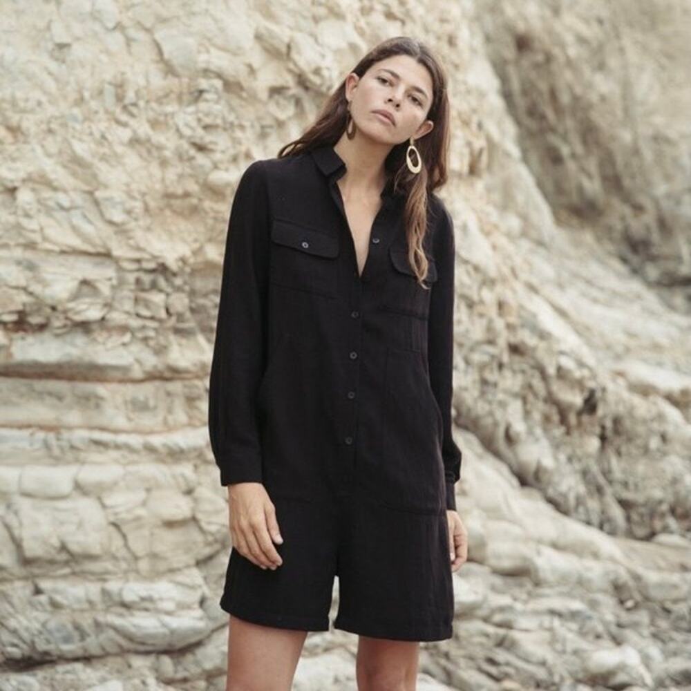 Ozma Black Silk Linen 3/4 Sleeve Tangier Romper Jumpsuit Utility Minimal Medium